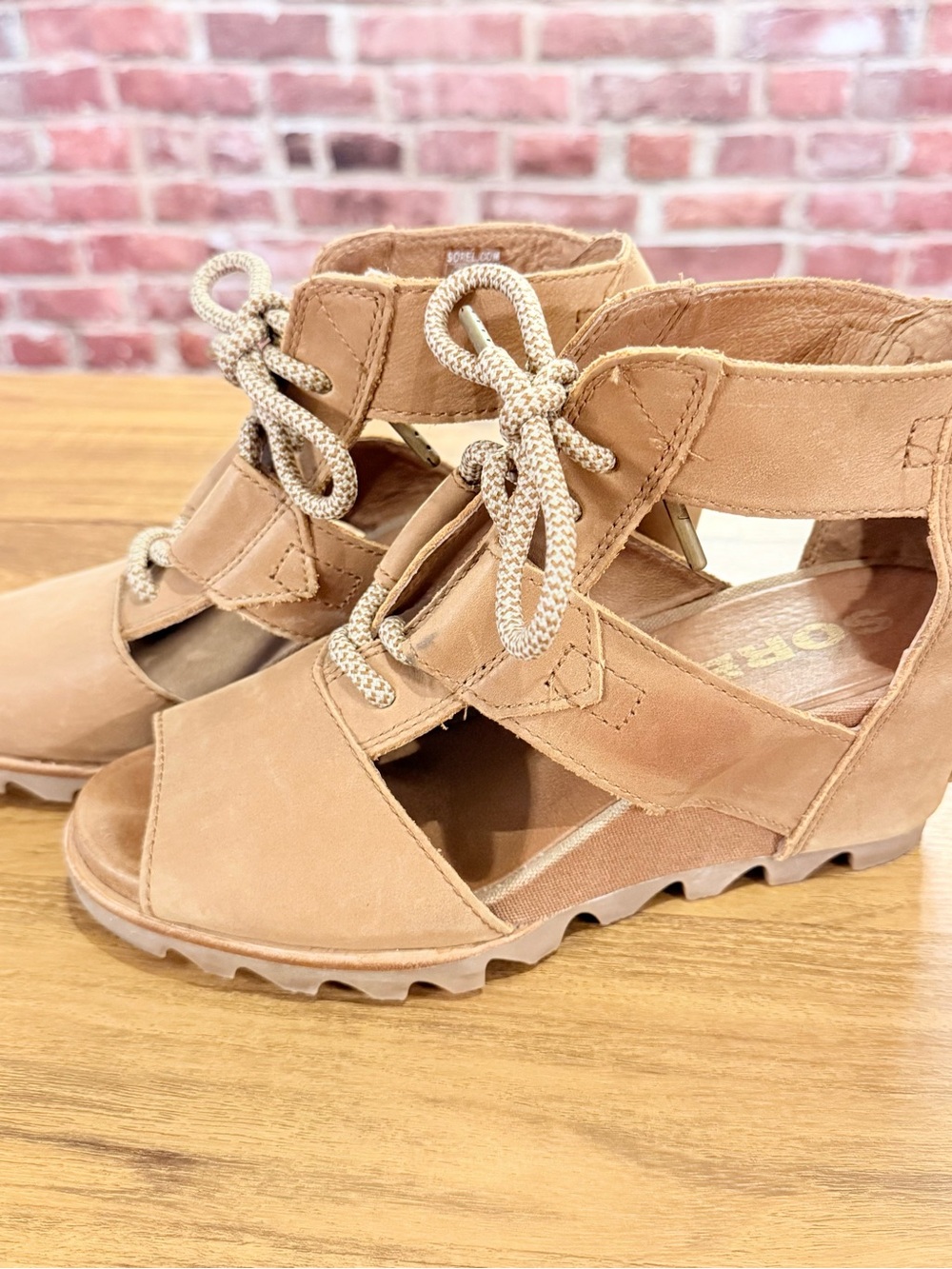 Sorel Joanie Lace Tan Suede Lace-Up Wedge Sandals